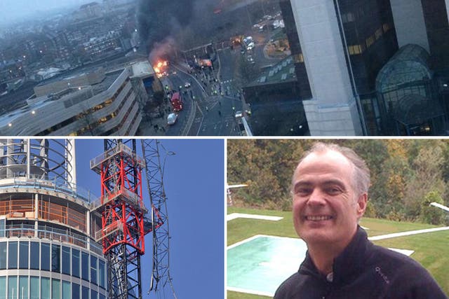 (Clockwise from top) The scene in Vauxhall; the pilot Peter Barnes; the damaged crane