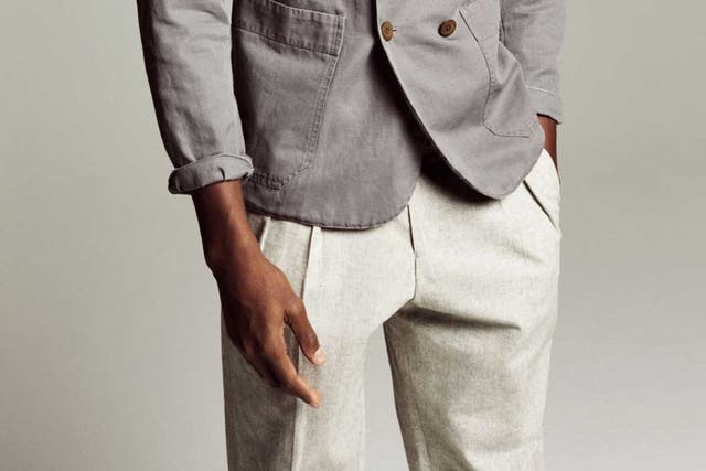 Shirt, £59, by Cos, cosstores.com; double-breasted linen jacket, £295, by MHL by Margaret Howell, margarethowell.co.uk; pleated trousers, £140, by Hentsch Man, hentschman.com