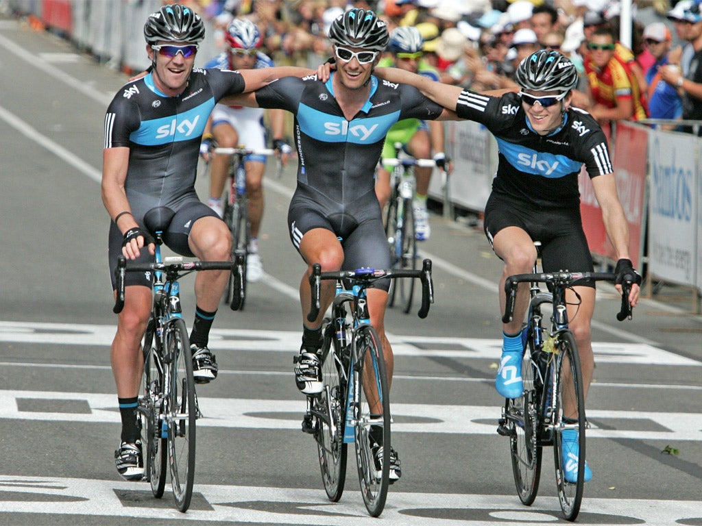 Christopher Sutton (left), Greg Henderson and Ben Swift (right) cross the line in Sky’s first race in Australia in 2010