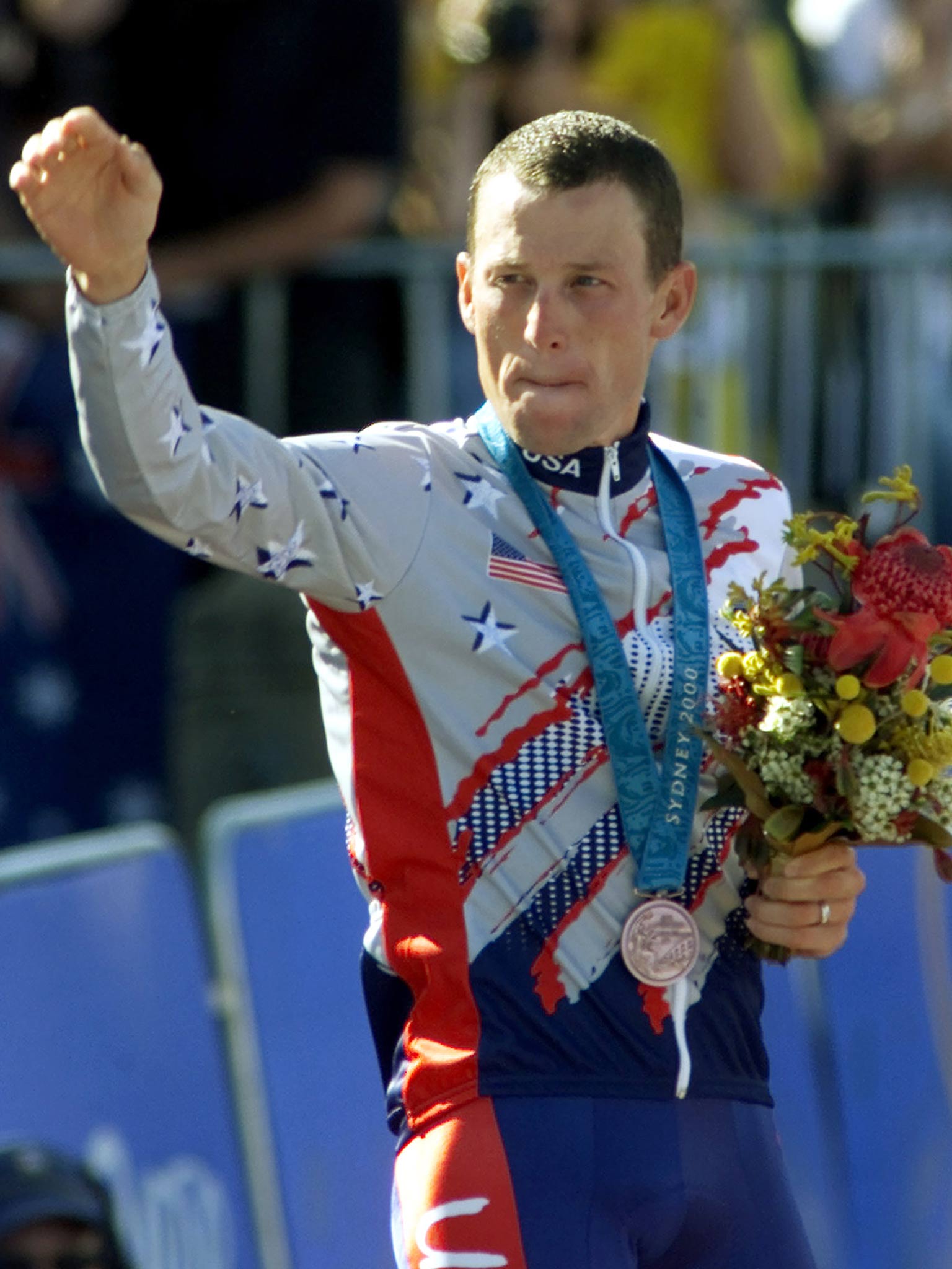 Lance Armstrong pictured with his bronze medal at the 2000 Sydney Olympics