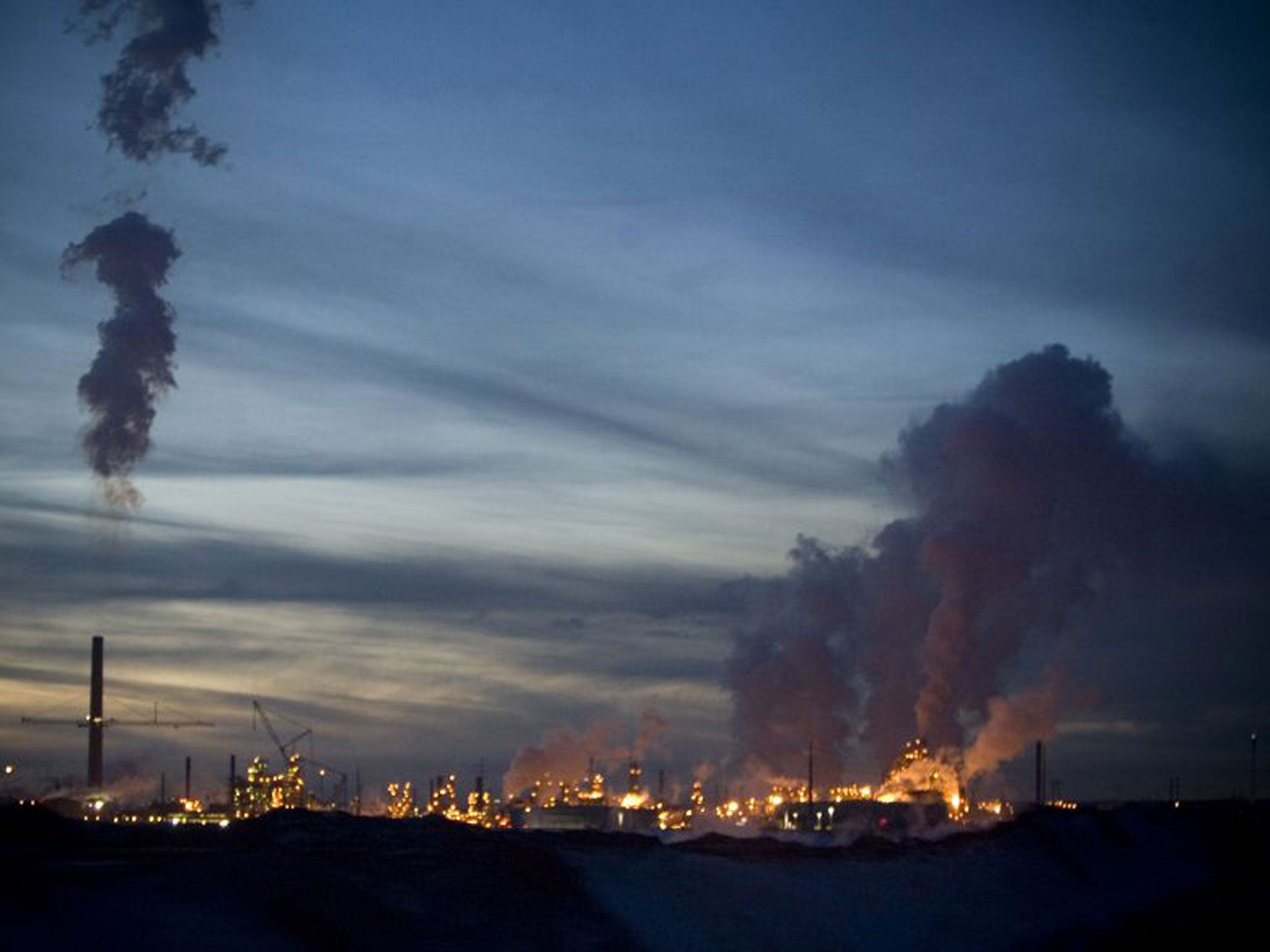 An oil refinery in Alberta separates the crude from tar sands