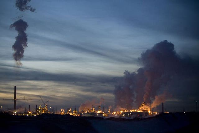 An oil refinery in Alberta separates the crude from tar sands