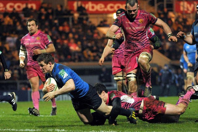 Over he goes: Brian O’Driscoll scores the third of Leinster’s four tries against Exeter – his 32nd in 82 Heineken Cup appearances
