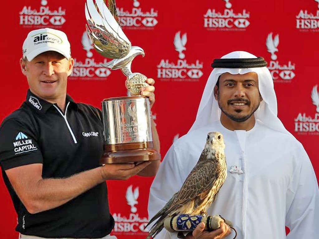 Jamie Donaldson celebrates his win with another birdie