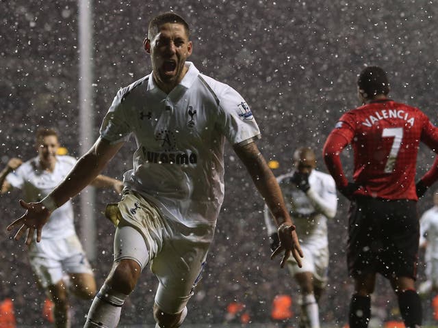Clint Dempsey celebrates Tottenham's equaliser against United
