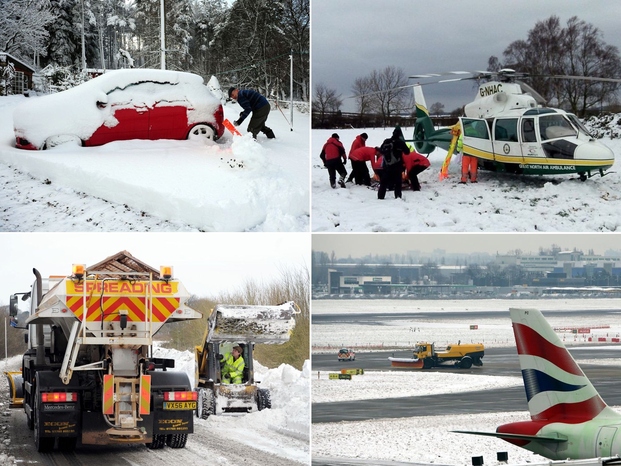Clockwise from top left: A man clears snow from his car in Northumberland; A teenager is airlifted to hospital following a sledging accident in Middlesbrough; Workers clear the road of ice and snow in Gloucestershire; 40 flights were cancelled from Heath