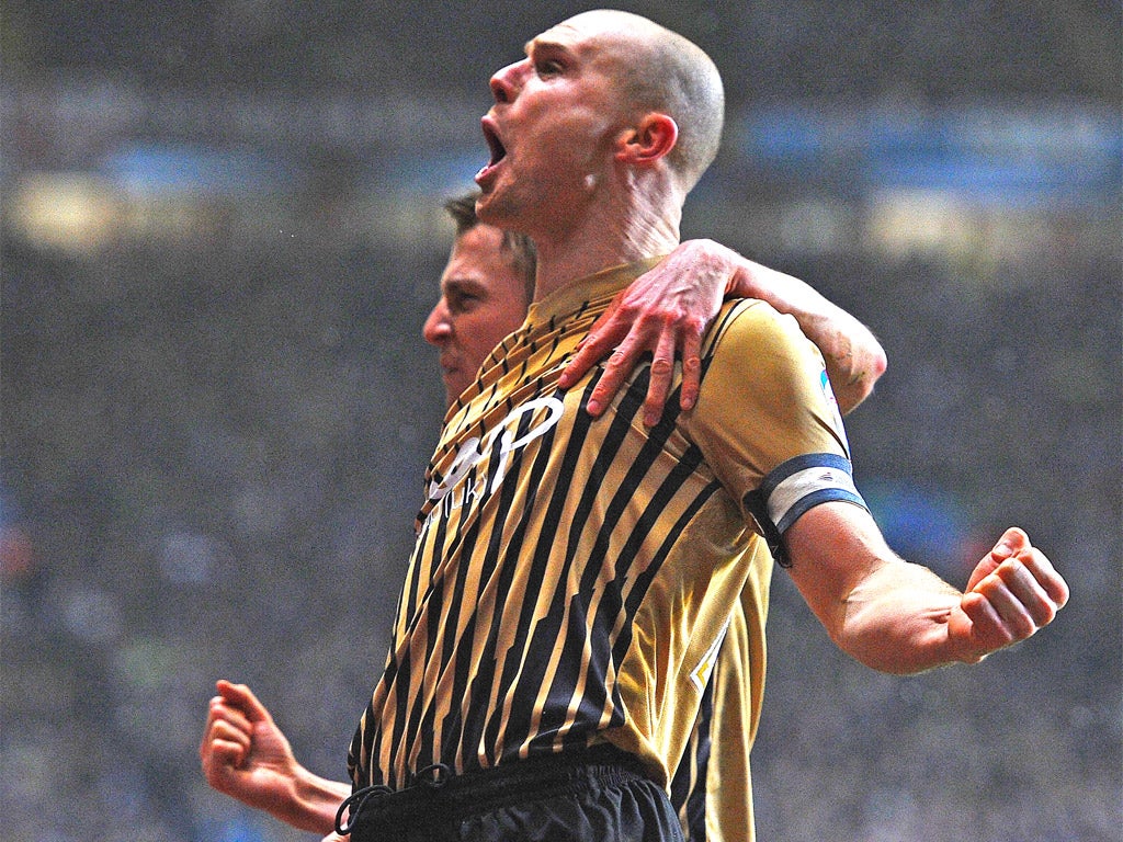 Bradford City's Gary Jones celebrates his side's historic goal