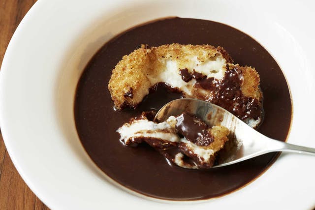 Banana custard croquettes with dark chocolate sauce