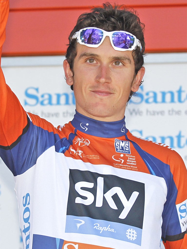 Geraint Thomas wears the leader's jersey after winning stage two of the Tour Down Under