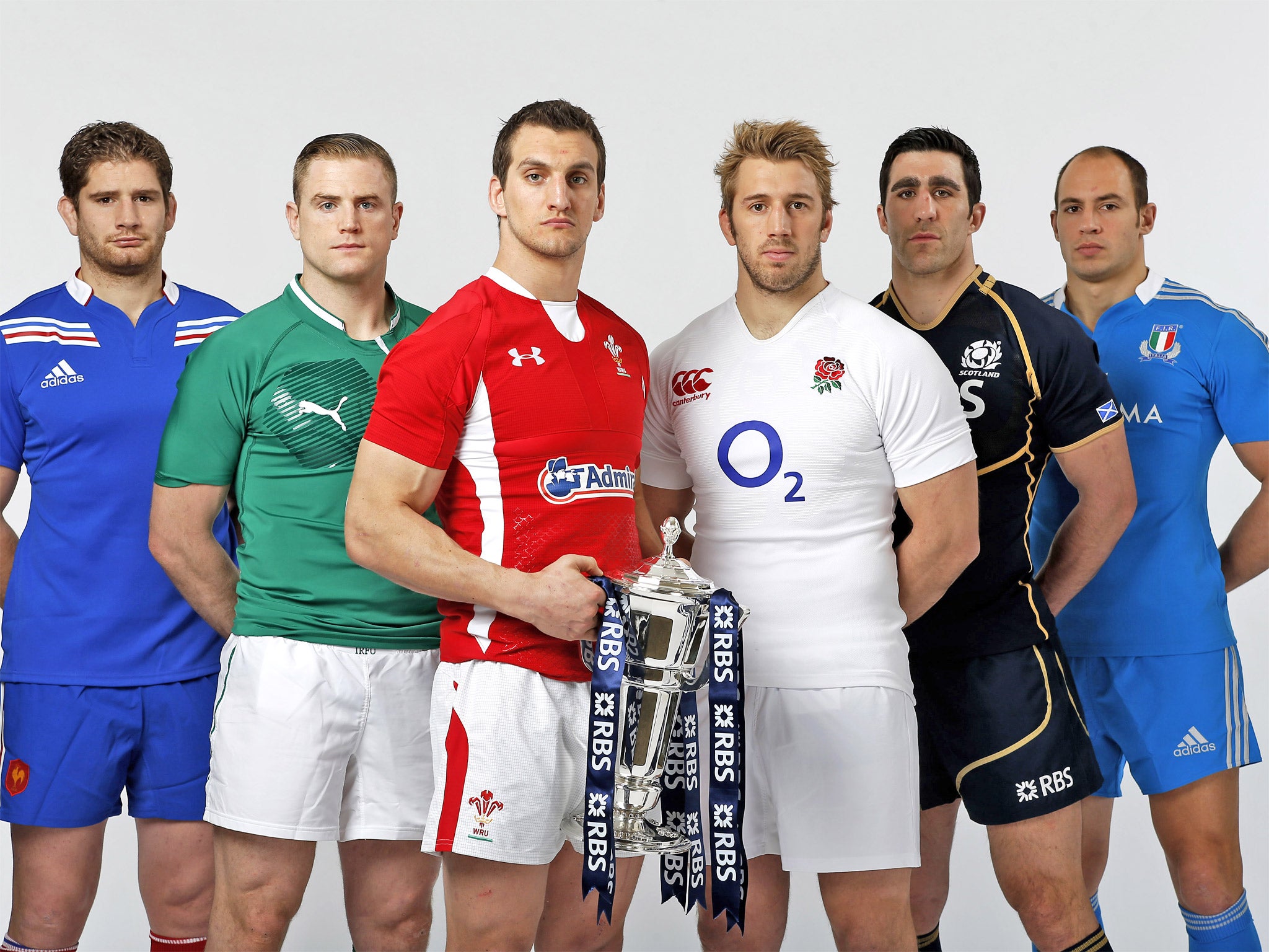 The captains, from left, Pascal Papé (France), Jamie Heaslip (Ireland), Sam Warburton (Wales), Chris Robshaw (England), Kelly Brown (Scotland) and Sergio Parisse (Italy)