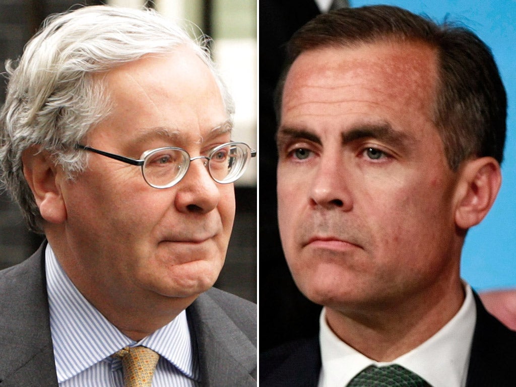 Outgoing Governor of the Bank of England Sir Mervyn King; the new Governor, Mark Carney
