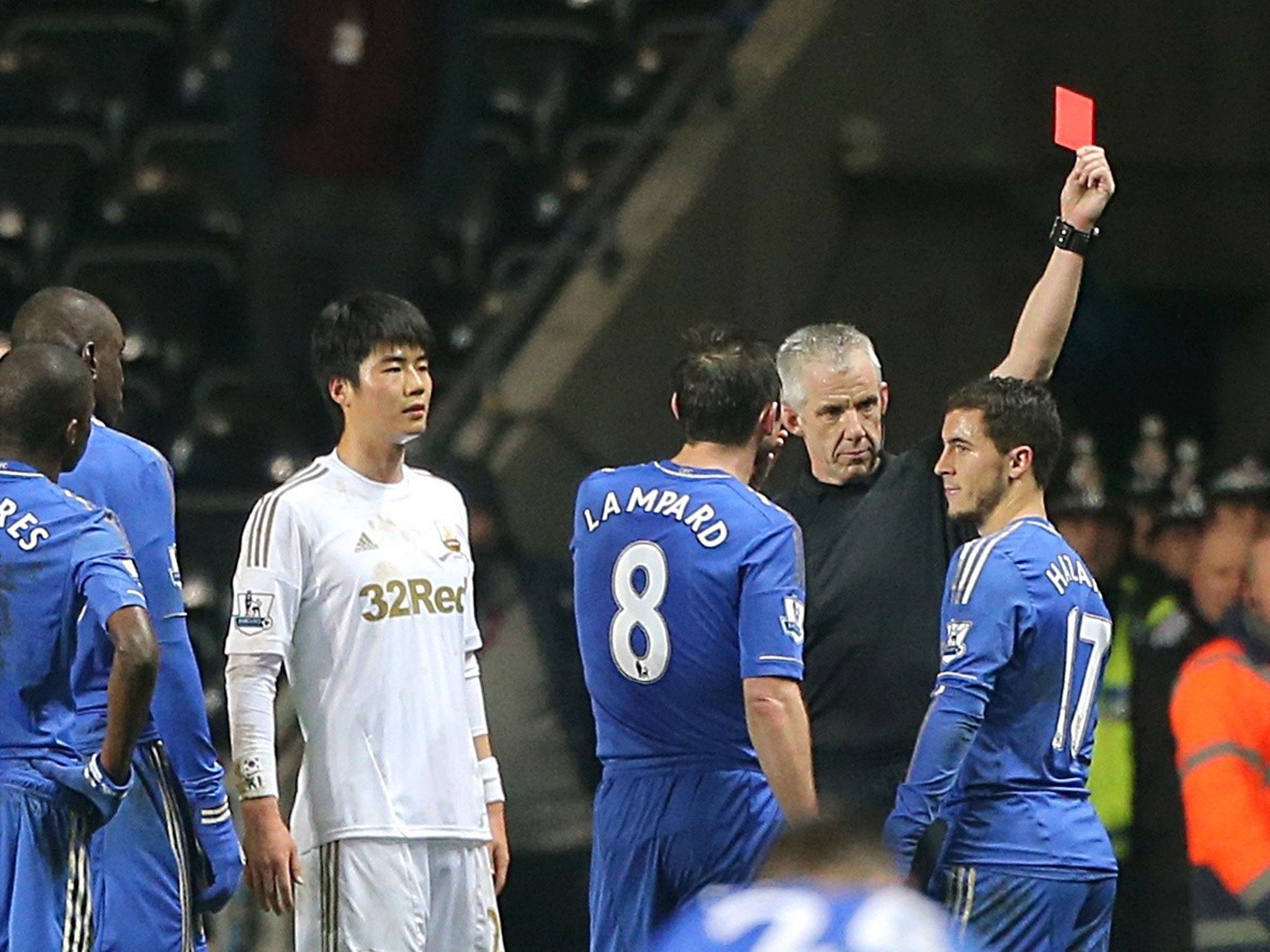 Eden Hazard was sent off after clashing with a Swansea ballboy