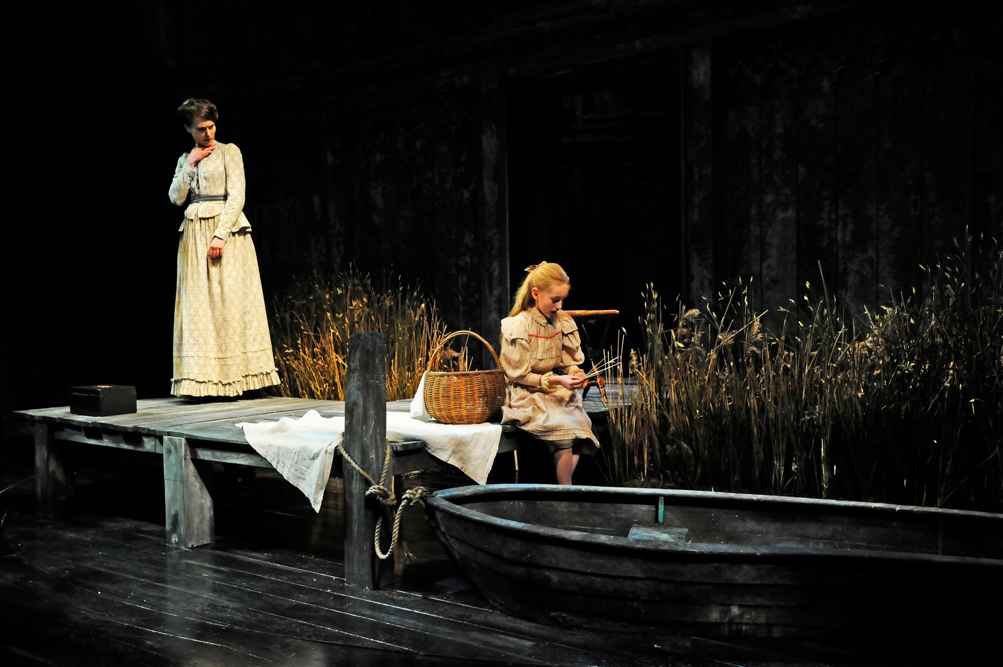 Anna Madeley (Governess) and Lucy Morton (Flora) in The Turn of the Screw at the Almeida Theatre.