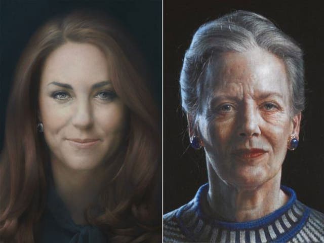 Paul Emsley's official representation of the Duchess of Cambridge, left, and Thomas Kluge's new painting of HM Queen Margrethe II of Denmark