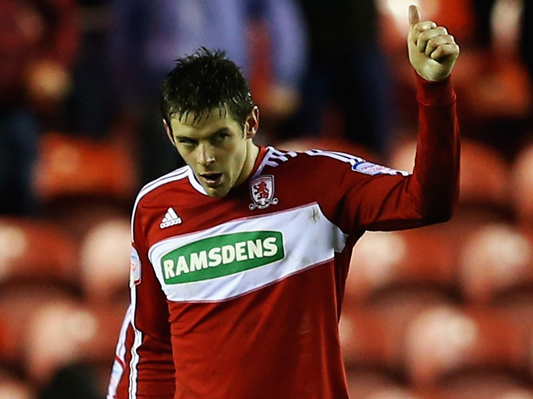 Shot down: Middlesbrough’s Lukas Jutkiewicz celebrates his second goal