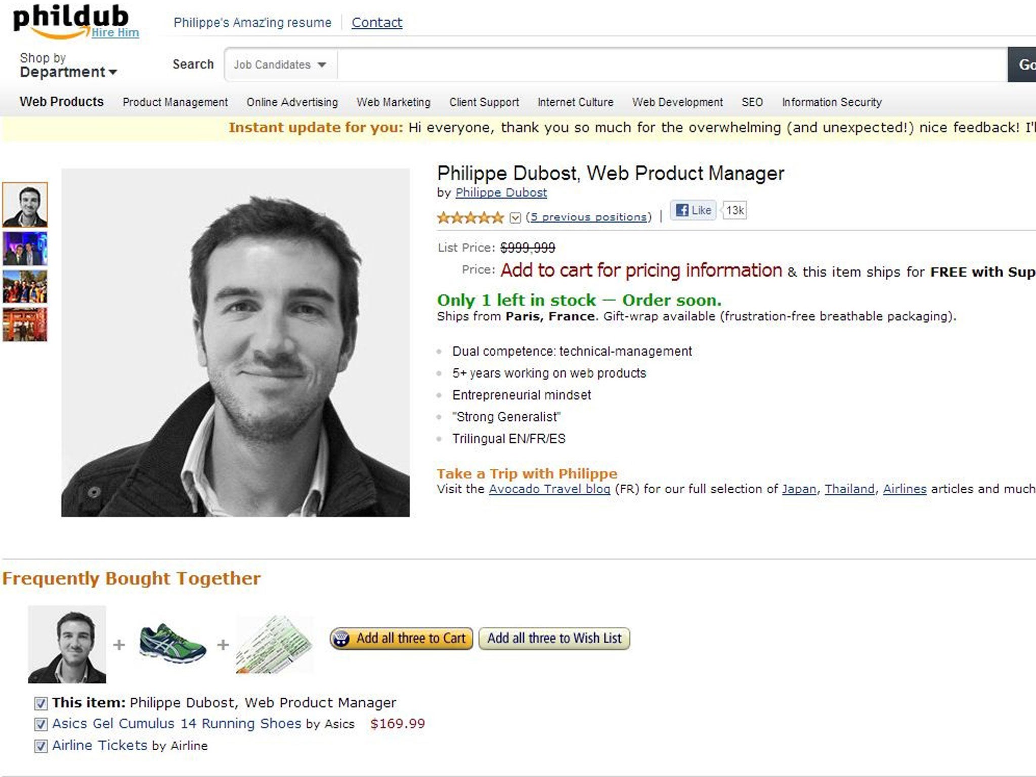 Self-promotion: Philippe Dubost’s fake Amazon page has attracted more than 100 potential employers