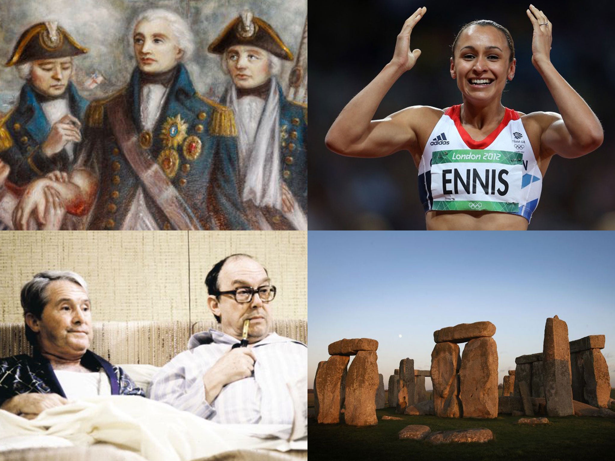 Clockwise from top-left: Admiral Nelson, Jessica Ennis at the London Olympics, Stonehenge, and Morecambe and Wise