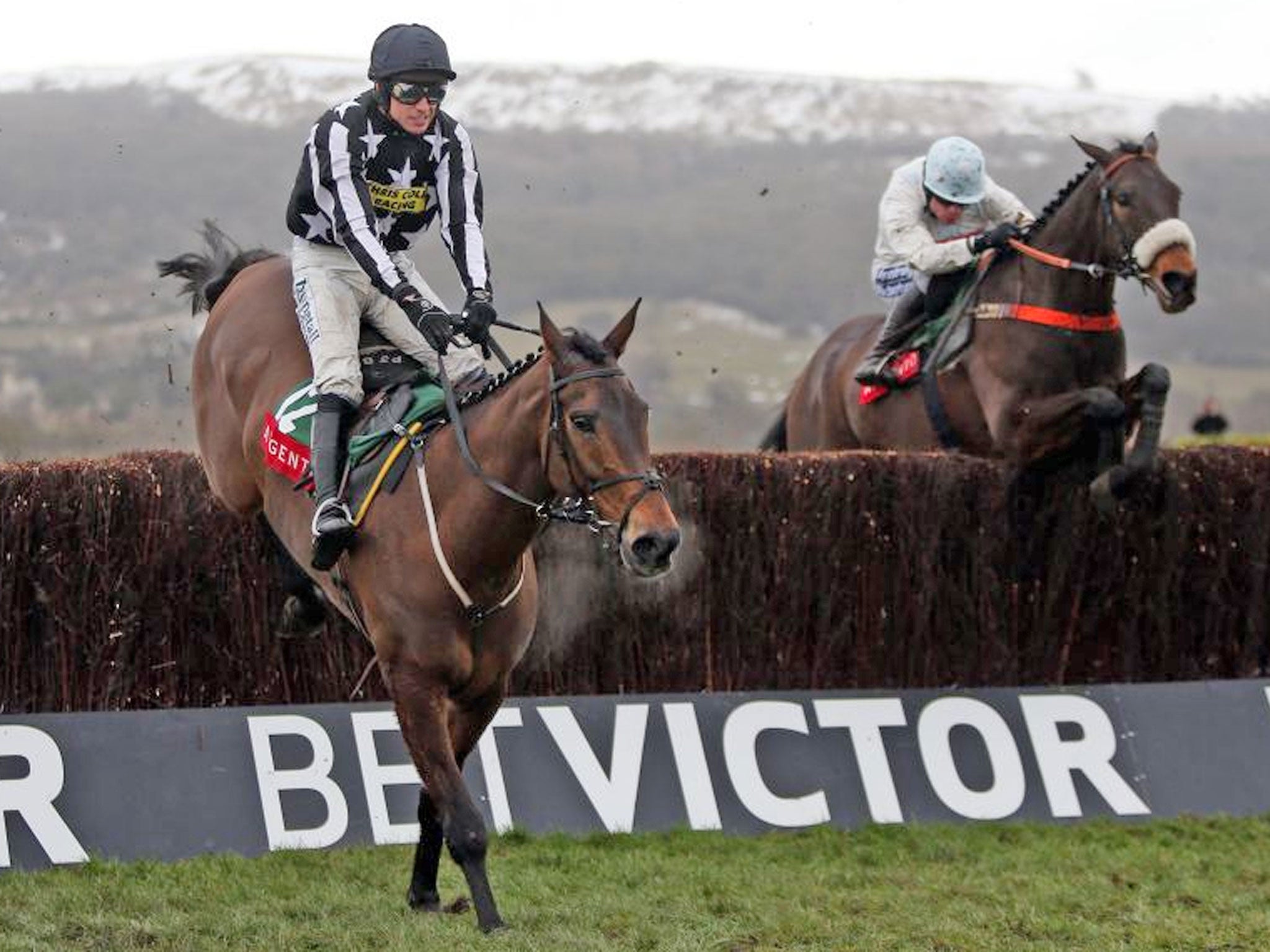 Imperial Commander (left) clears the last at Cheltenham as Cape
Tribulation launches a winning challenge