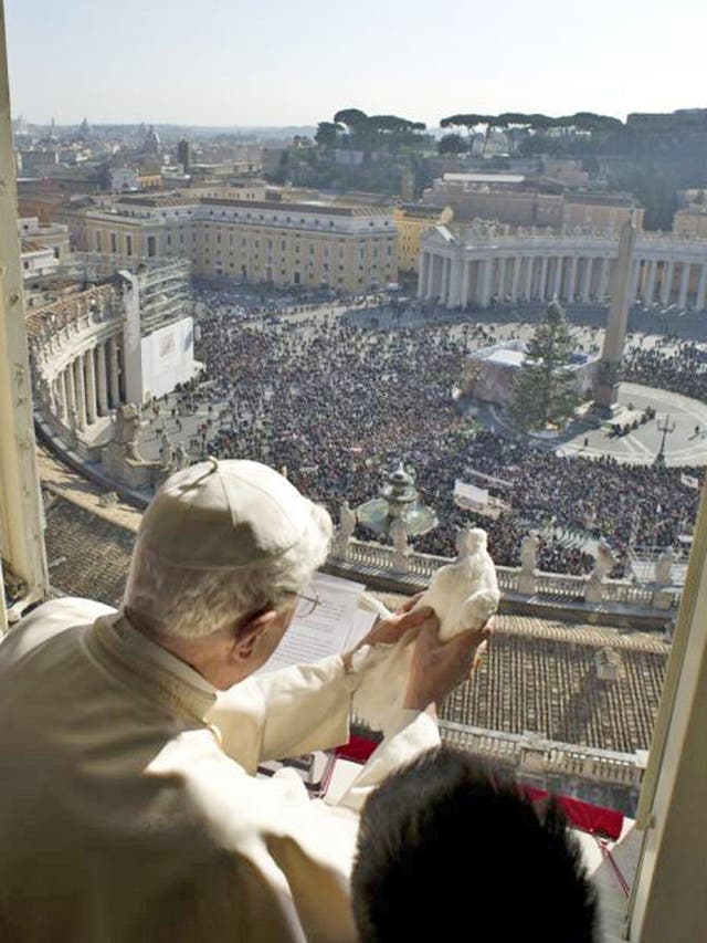Pope Benedict XVI holds a dove he is about to set free, at the end of the Angelus prayer in St. Peter's square, at the Vatican