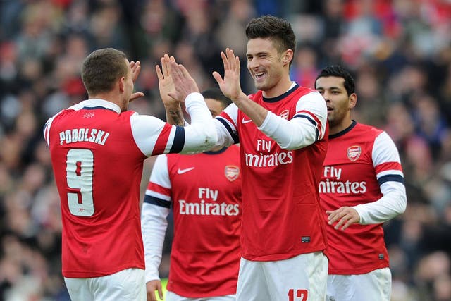 Arsenal striker Olivier Giroud celebrates scoring against Brighton
