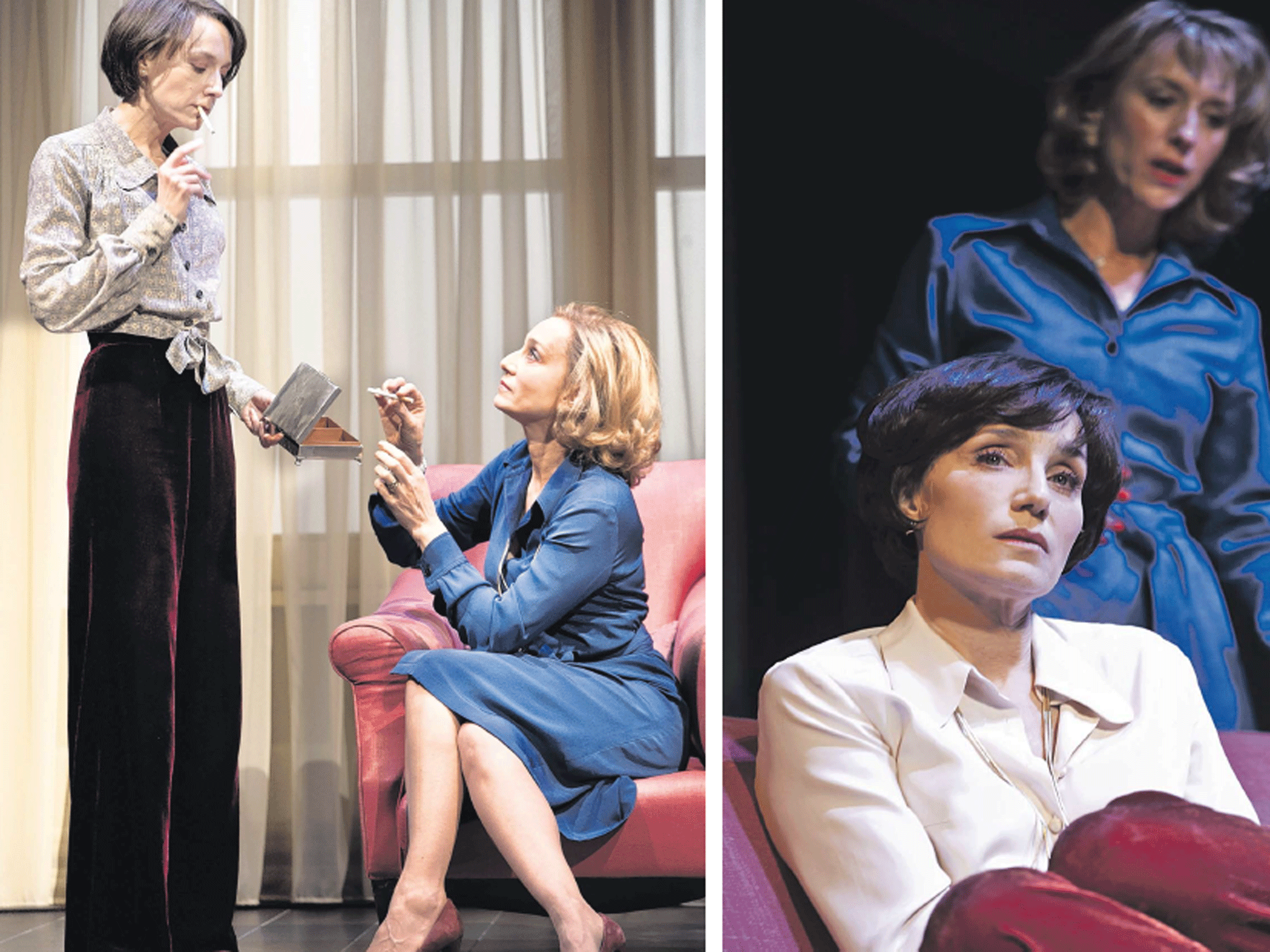 All change: Lia Williams as Kate and Kristin Scott Thomas as Anna in 'Old Times', and after switching roles