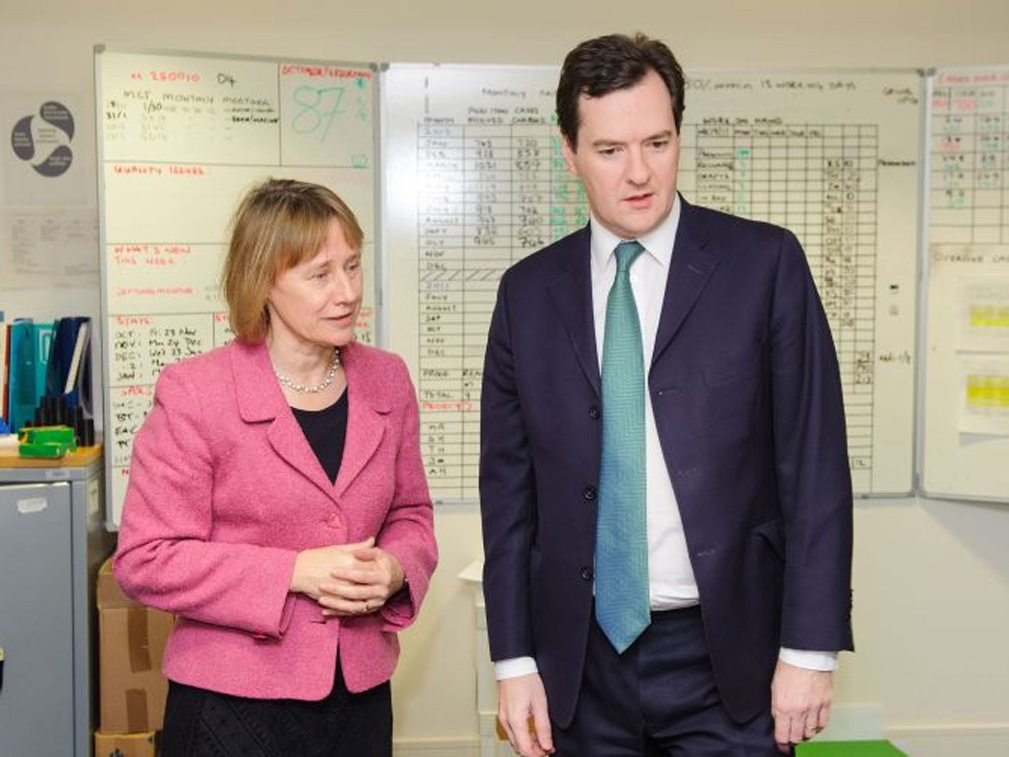 Lin Homer, Chief Executive of HMRC, left, and Chancellor George Osborne during a visit to the offices of HM Revenue & Customs (HMRC). Customers will no longer be left hanging on premium rate numbers when they contact HM Revenue and Customs (HMRC), the tax