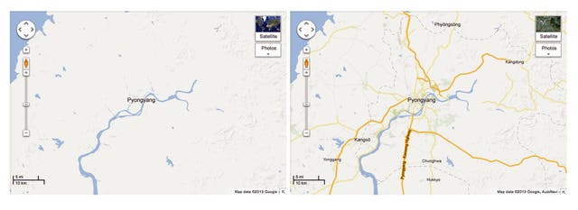 Now and then: Google's previous coverage of North Korea (left) and the now expanded map of the country