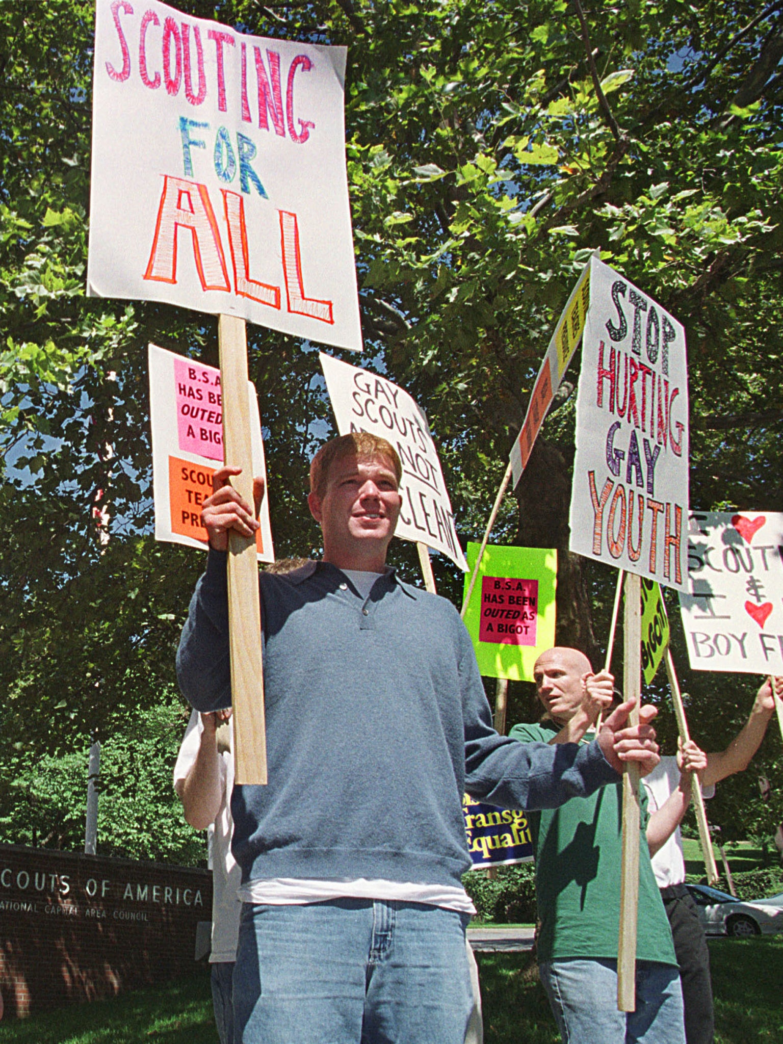 Demonstrators from a 'Scouting for All' protest in 2000