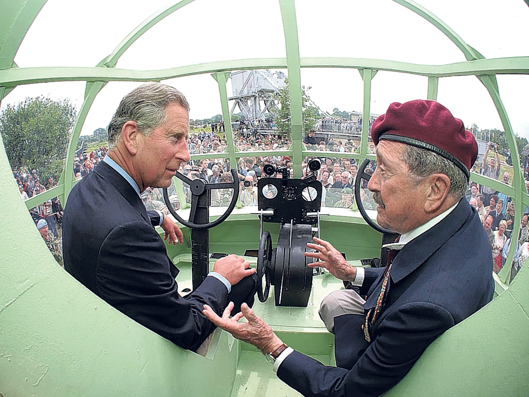 Wallwork with Prince Charles in a replica Horsa glider at a 2004 D-Day reunion at Pegasus Bridge
