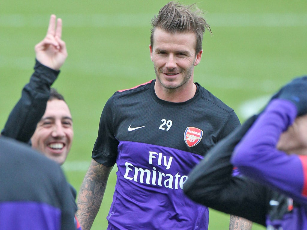David Beckham trains with the Arsenal squad yesterday
