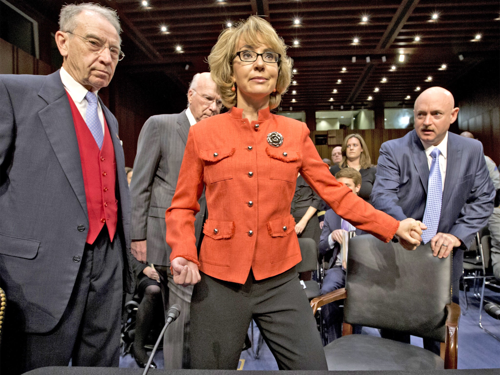 Gabrielle Giffords arrives for the Senate hearing yesterday