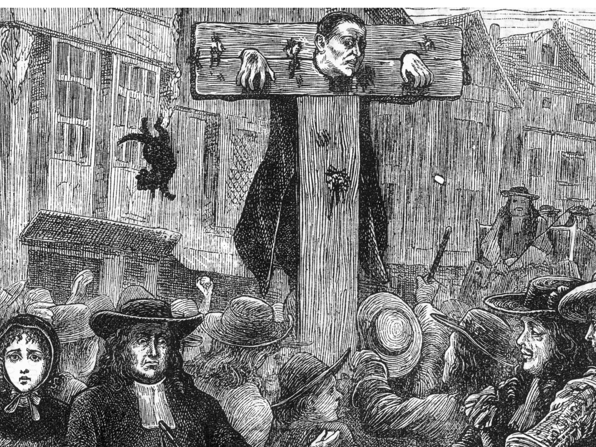 Circa 1685, English perjurer Doctor Titus Oates (1649 - 1705) in the pillory at the Temple gate for his involvement in the Popish Plot. Image dates from 1754.