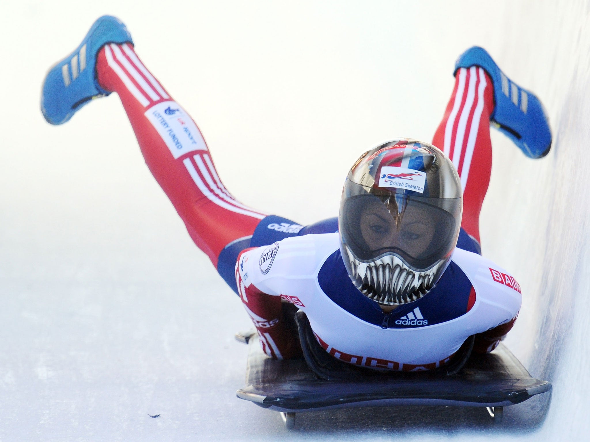 Shelley Rudman of Great Britain crosses the finishline after the women's skeleton second heat of the IBSF Bob & Skeleton World Championship