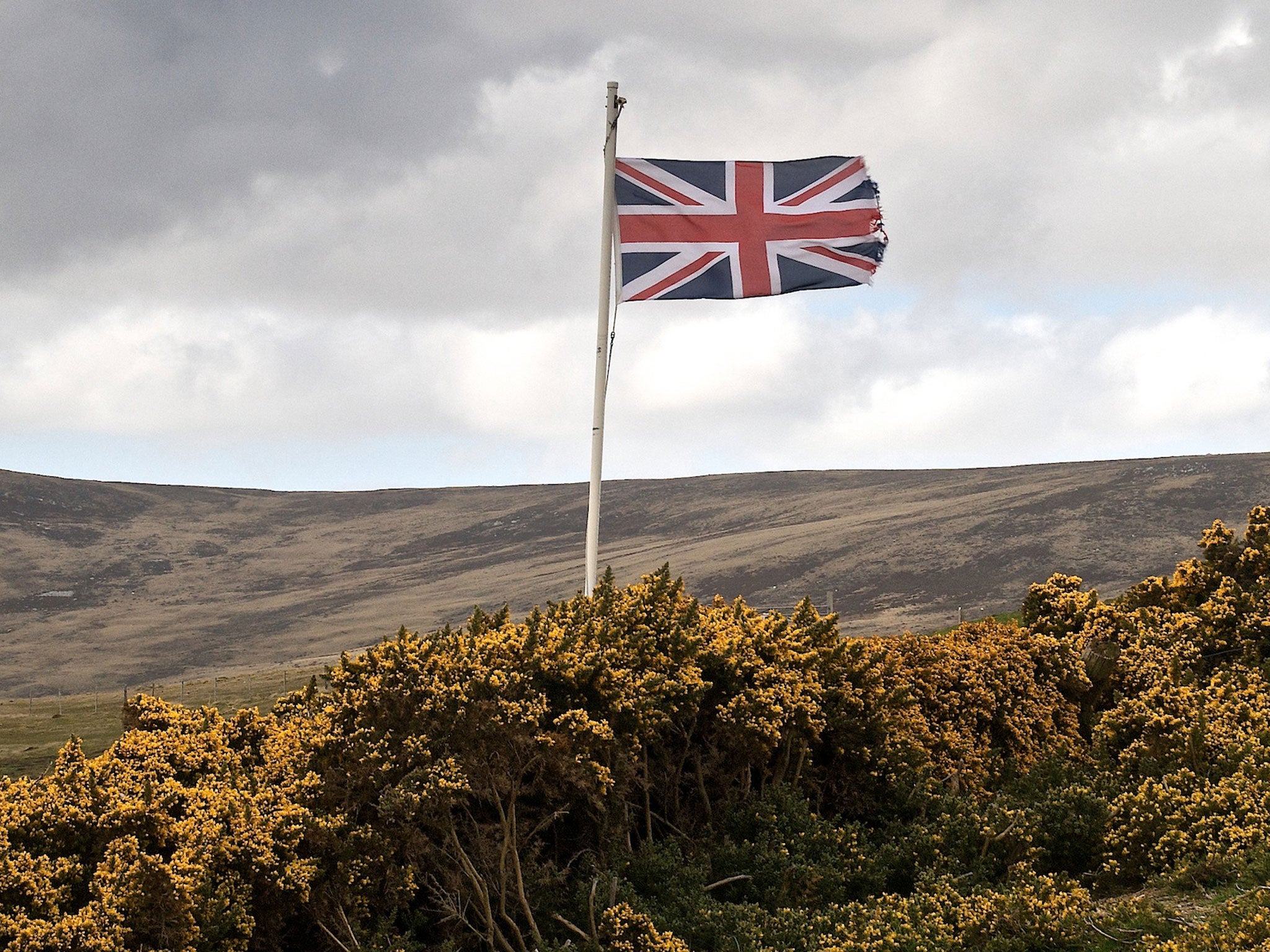 The Union Jack flying over the British War Cemetry at San Carlos in the Falkland Islands