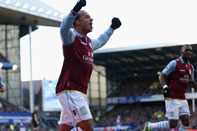 Gabriel Agbonlahor of Aston Villa celebrates after scoring the second goal