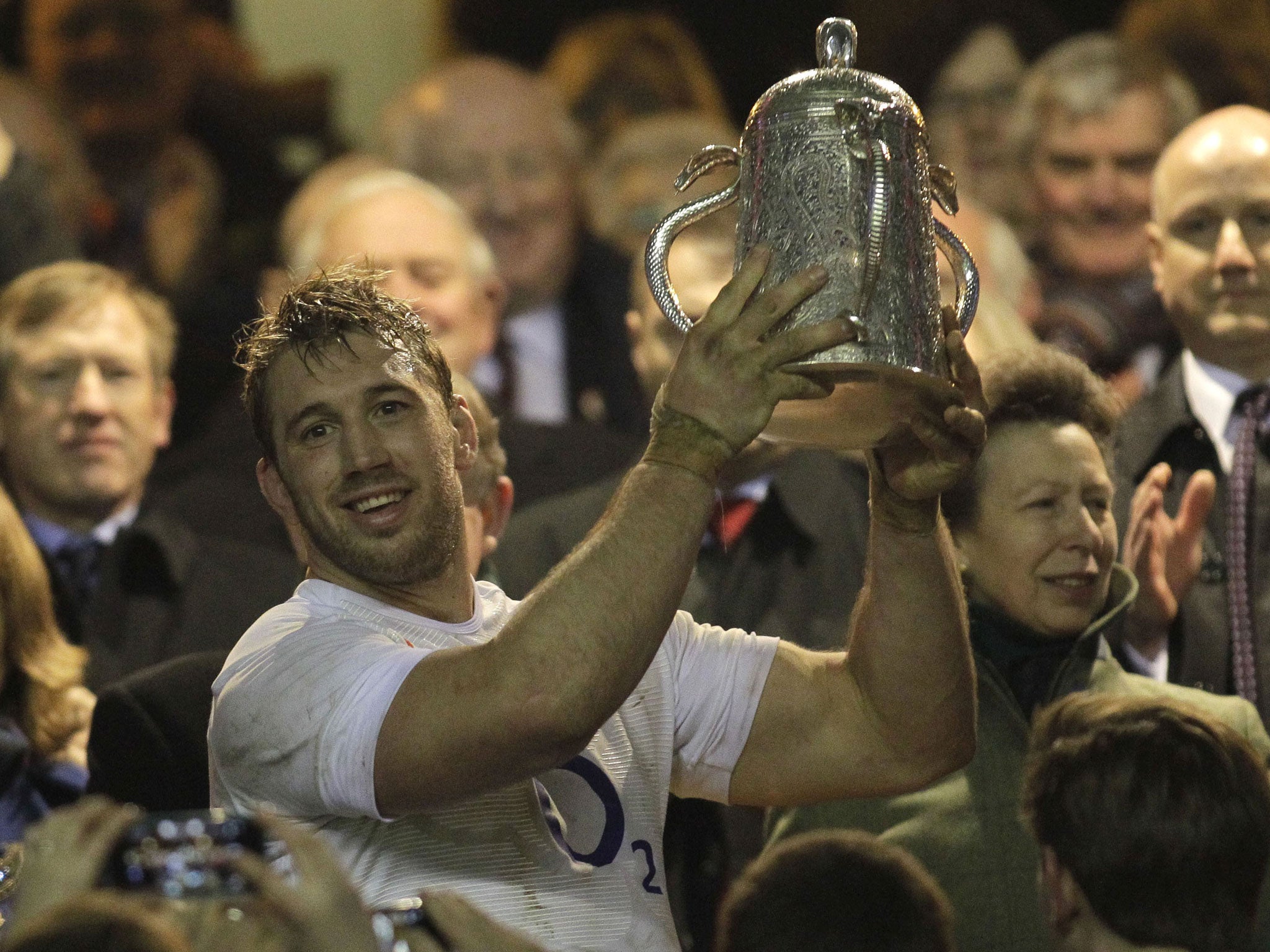 Cup of joy: The England captain Chris Robshaw raises the Calcutta Cup in front of Scottish Rugby patron Princess Anne after England’s impressive 38-18 win over the Scots at Twickenham