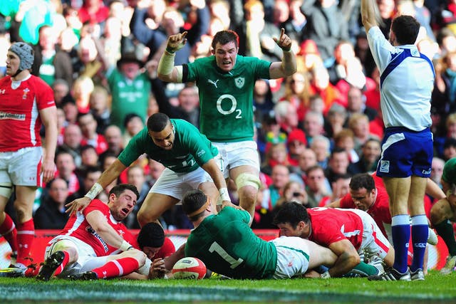 Green delight: Cian Healy scores Ireland’s second try