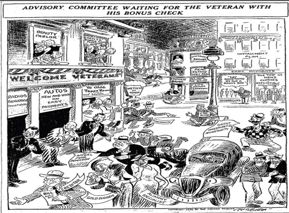 “How about  distributing £30bn among our military veterans?”
The Chicago Tribune of 14 June 1936 reflects the popular policy