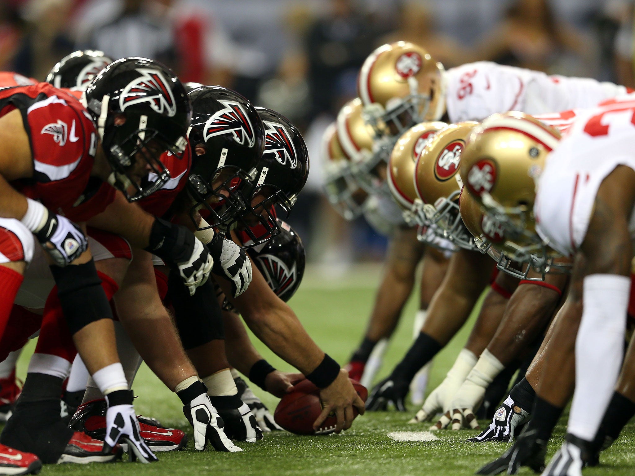 San Francisco 49ers (lining up on the right) will take on Baltimore Ravens in tonight's Super Bowl