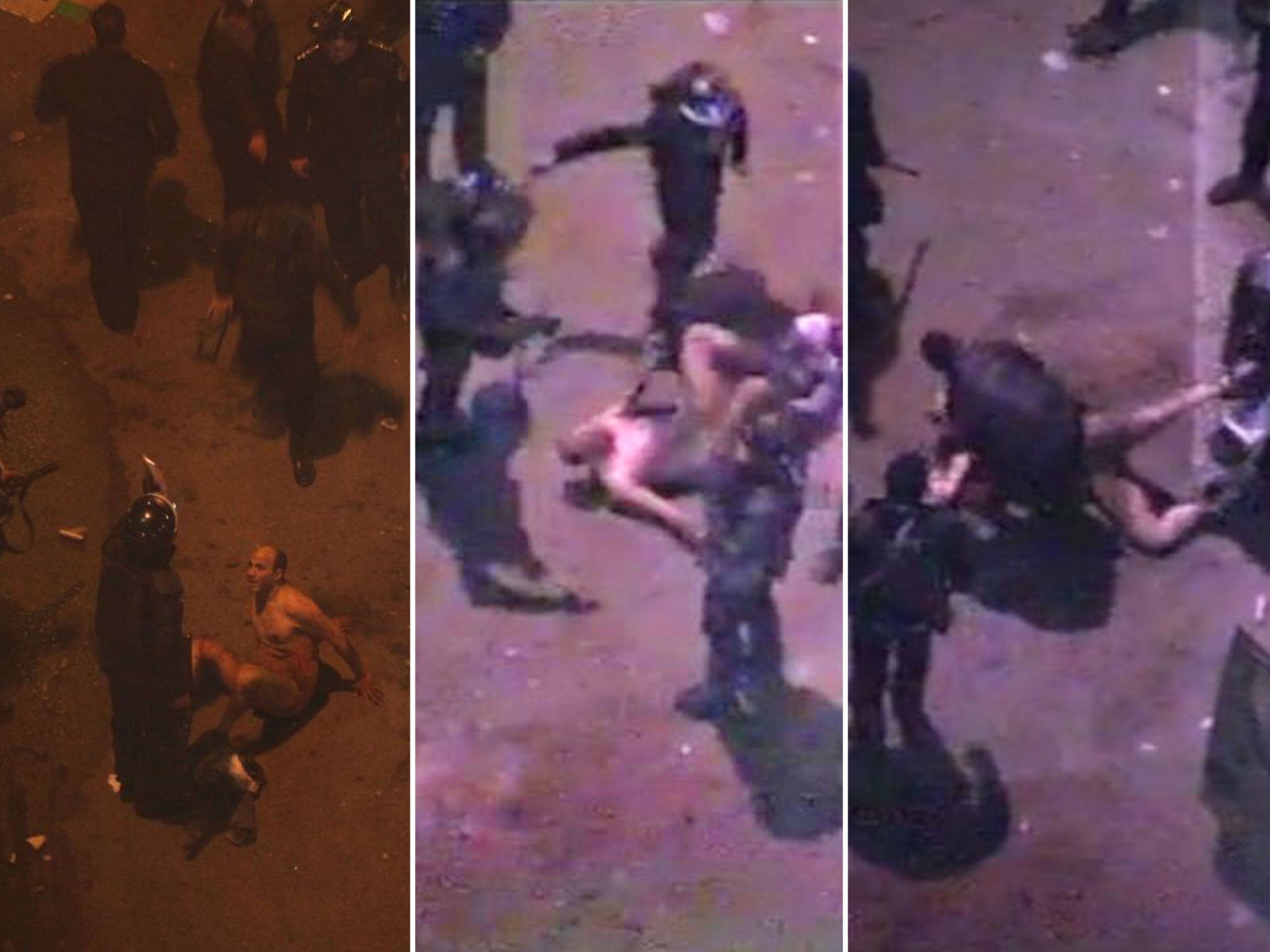 CCTV footage shows Egyptian riot police beat a man, during clashes next to the presidential palace in Cairo