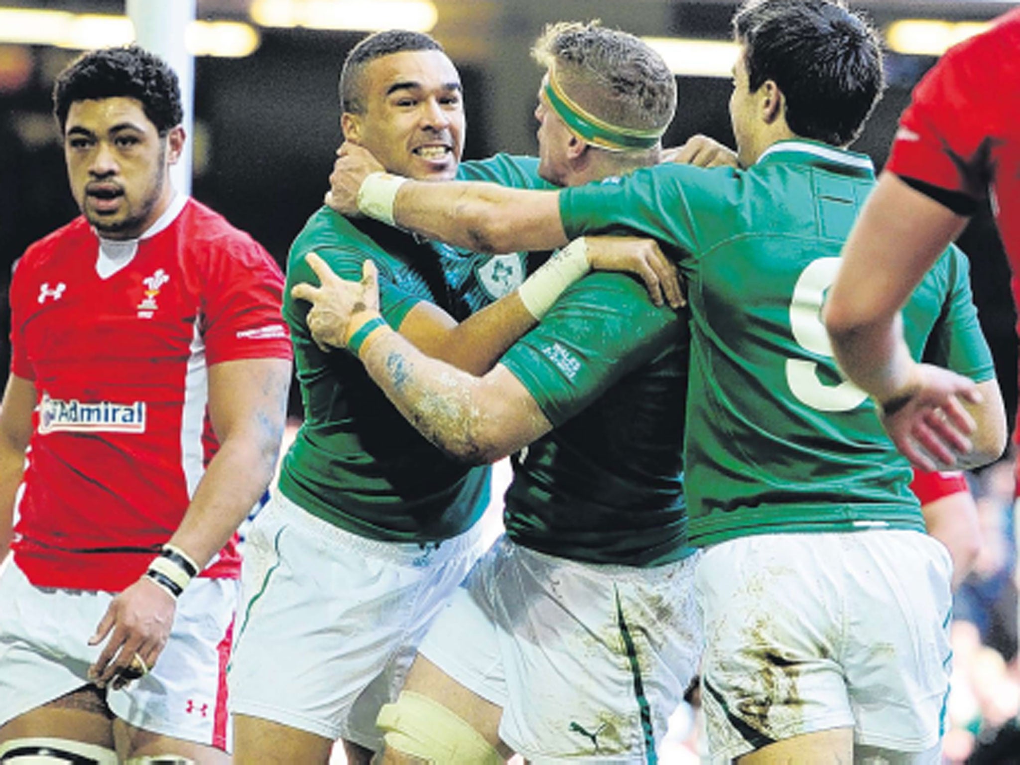 Ireland’s Simon Zebo celebrates his try before setting up the second
with some deft footwork