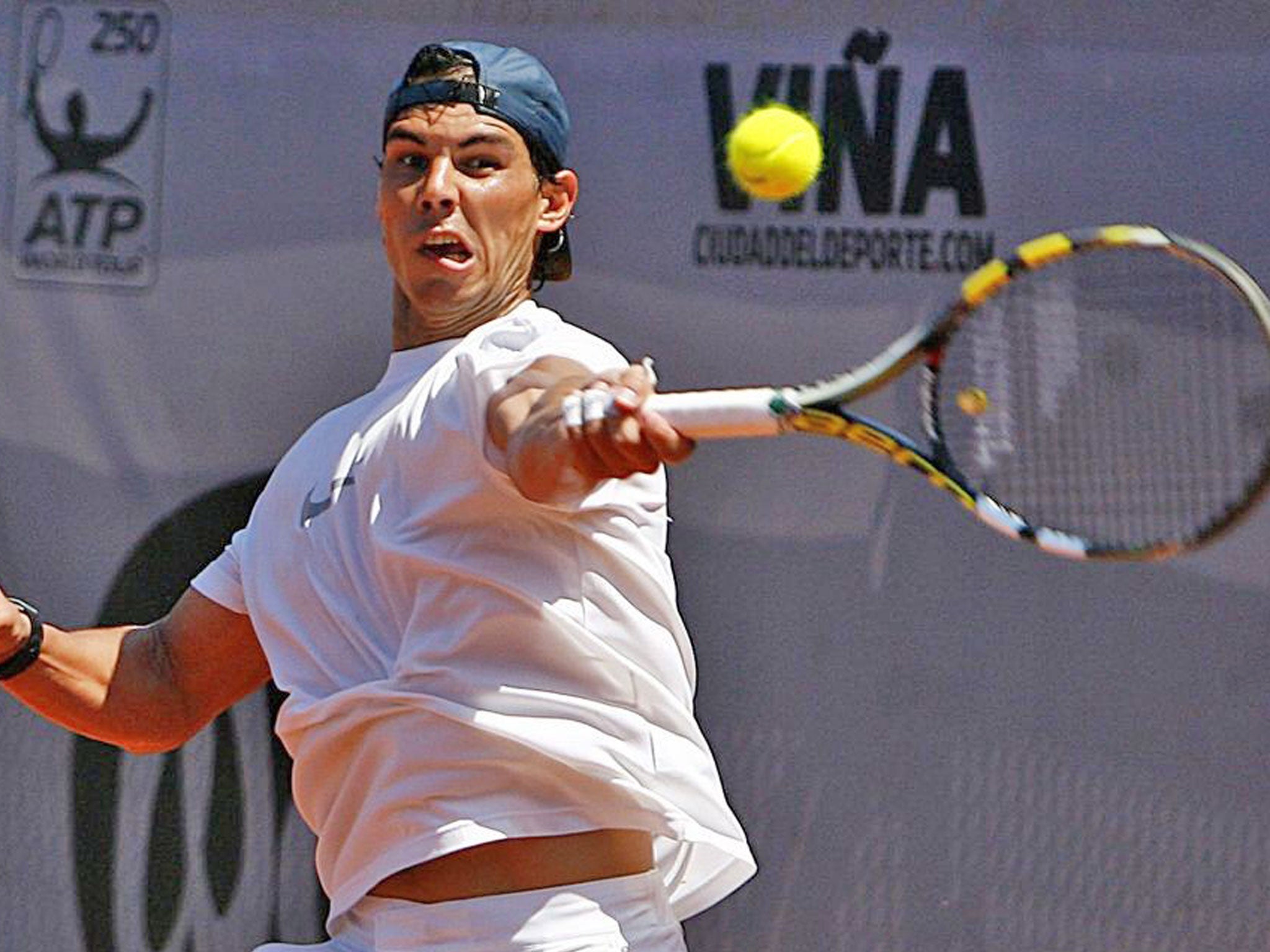 Rafael Nadal practises at Vina del Mar, where he is No 1 seed at the
Chile Open