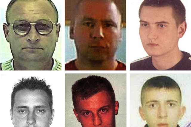 (Top row left to right):  Laszlo Nemes, Robert Grygoruk, Dariusz Farfus. (Bottom row left to right) Vasile Vladu, Karol Koczmara, Evaldas Rabikauskas, who are on the most-wanted list of high-risk foreign criminals believed to be hiding in Britain