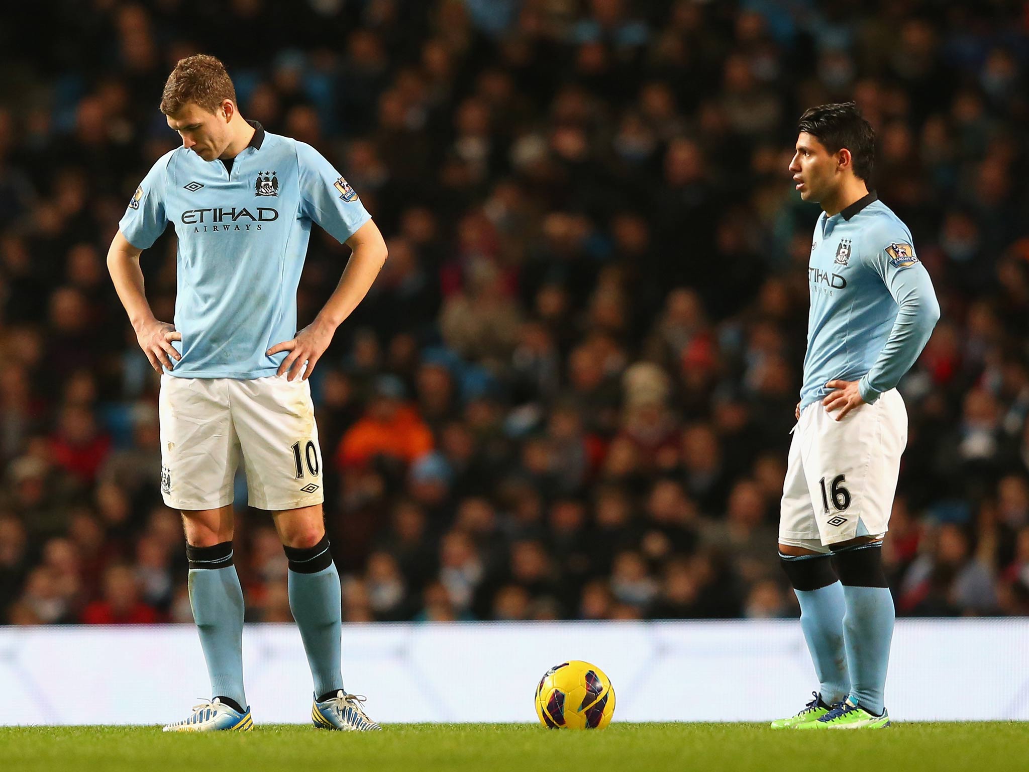 Edin Dzeko and Sergio Aguero of Manchester City pictured during the 2-2 draw with Liverpool