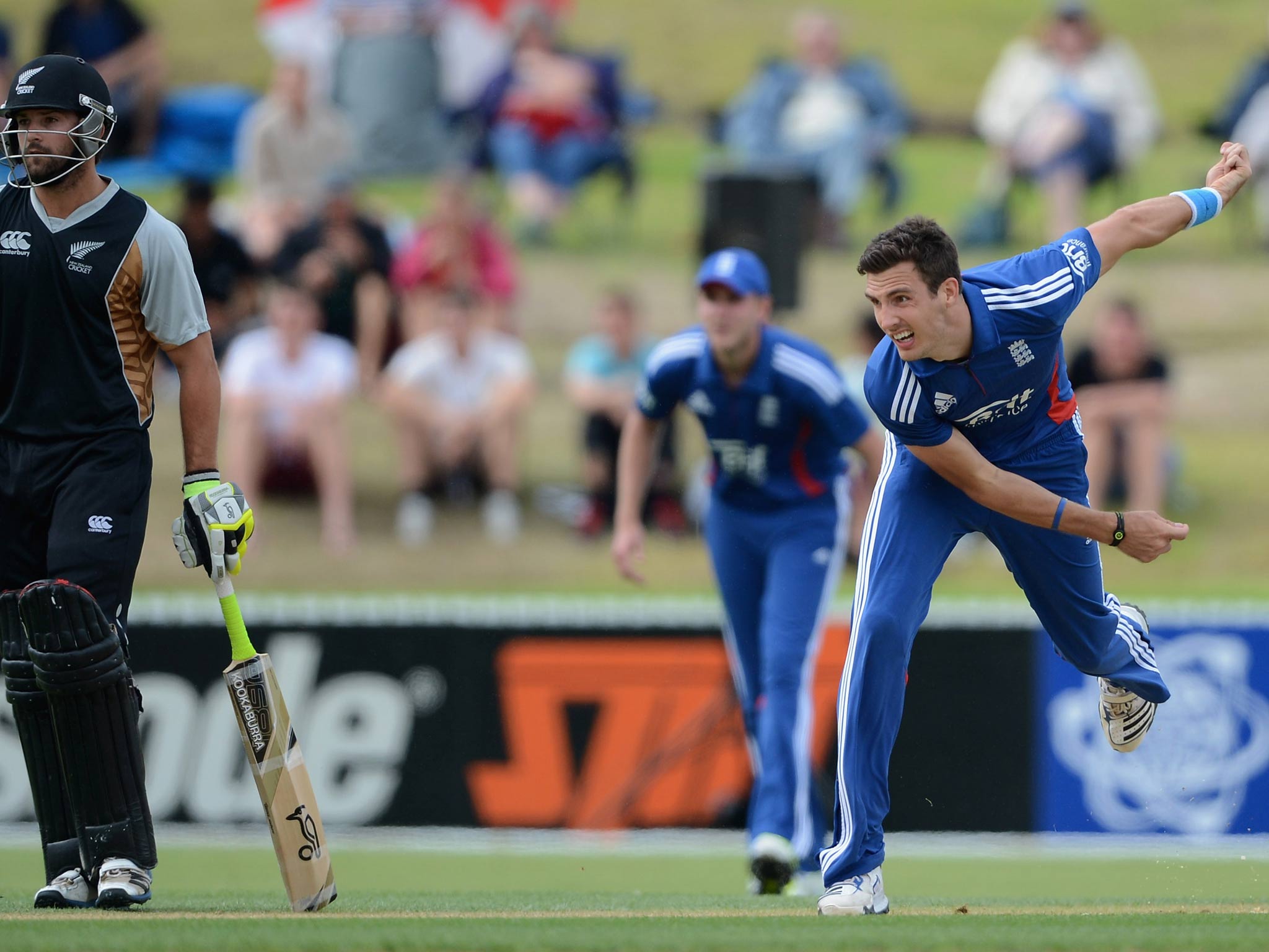 Steven Finn of England bowls during a T20 Practice Match against a New Zealand XI