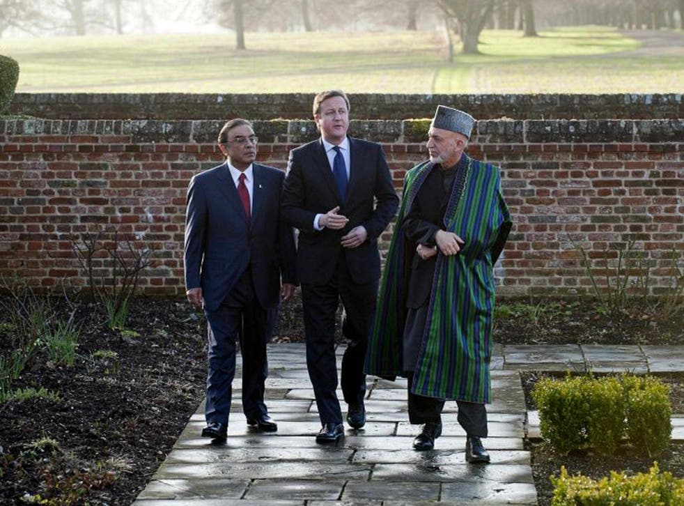 Asif Ali Zardari, David Cameron and Hamid Karzai at Chequers