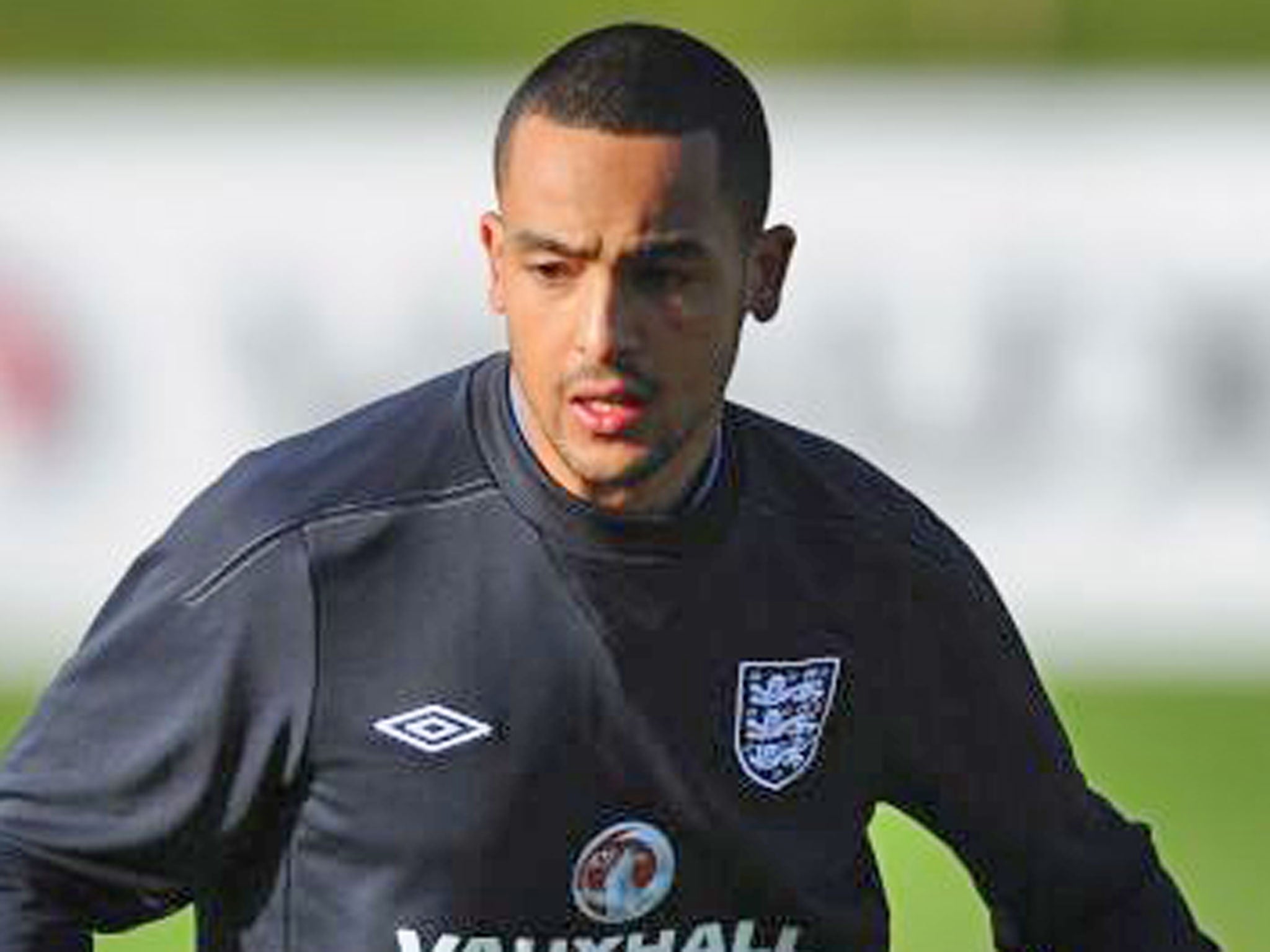Theo Walcott training with England at St George’s Park yesterday