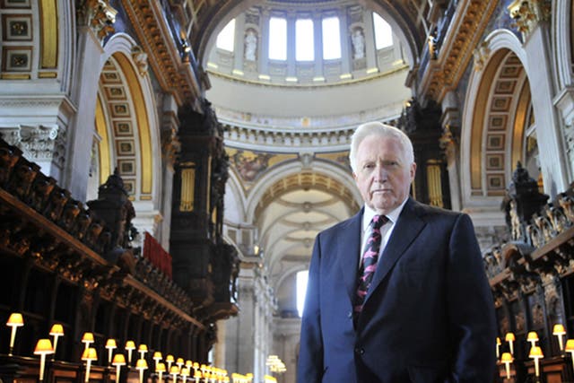 David Dimbleby standing under the arch in St Paul's Cathedral, where Question Time is due to be filmed for the first time 