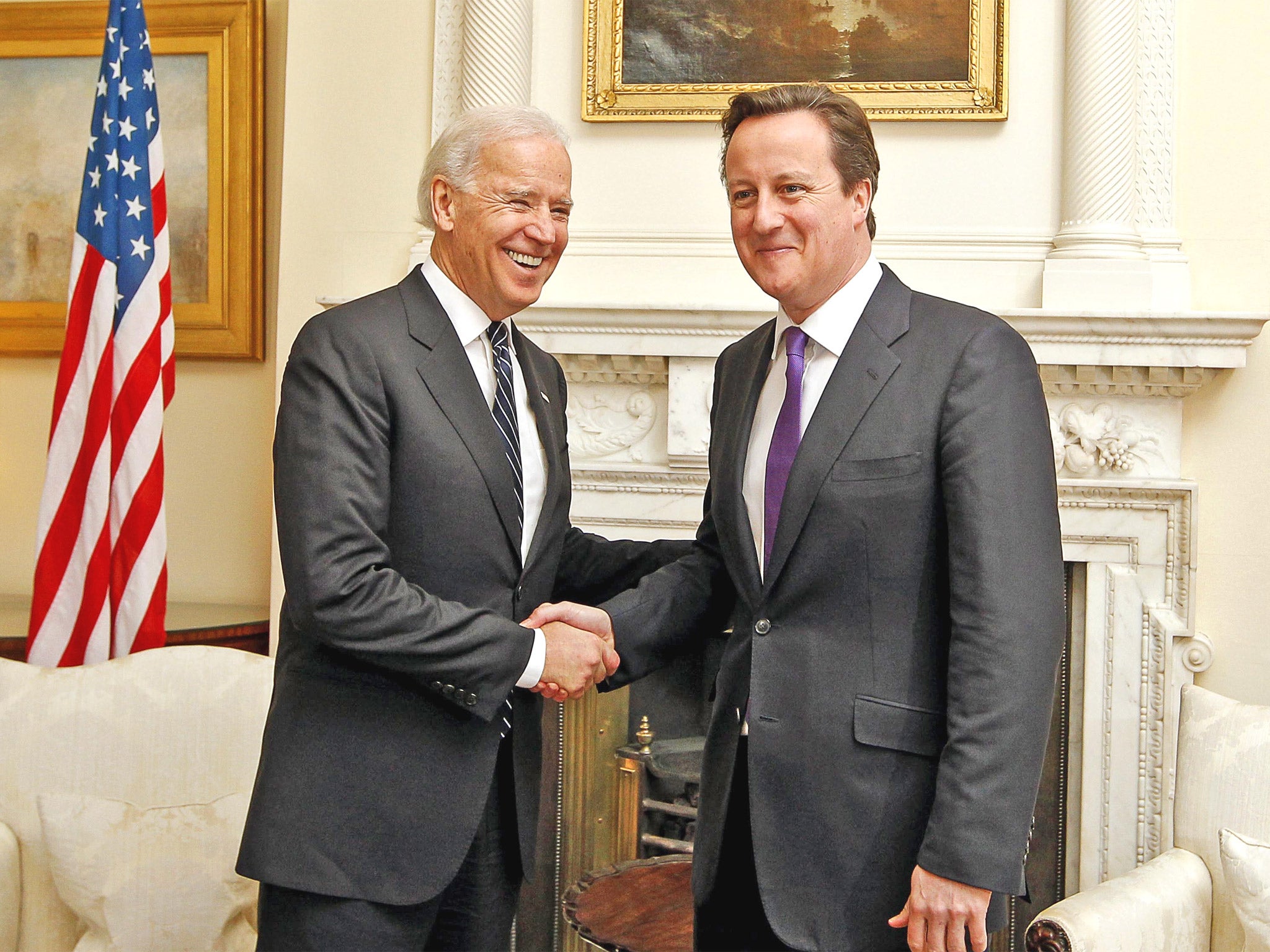 David Cameron greets US Vice President Joe Biden at 10 Downing Street yesterday