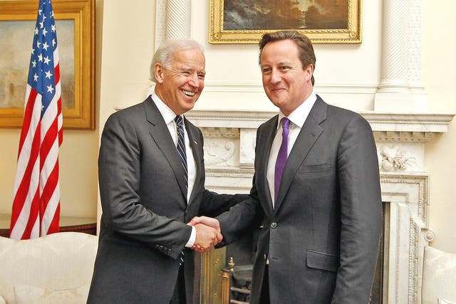David Cameron greets US Vice President Joe Biden at 10 Downing Street yesterday